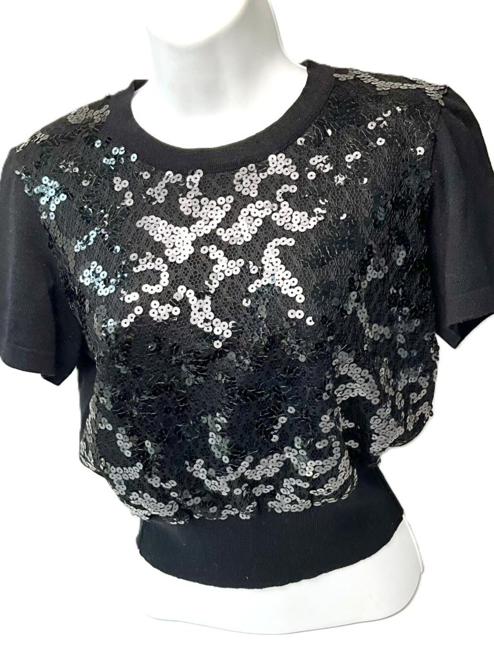 Escada Couture Black Sequin Embellished Virgin Wool Knit Top EU 34 Germany